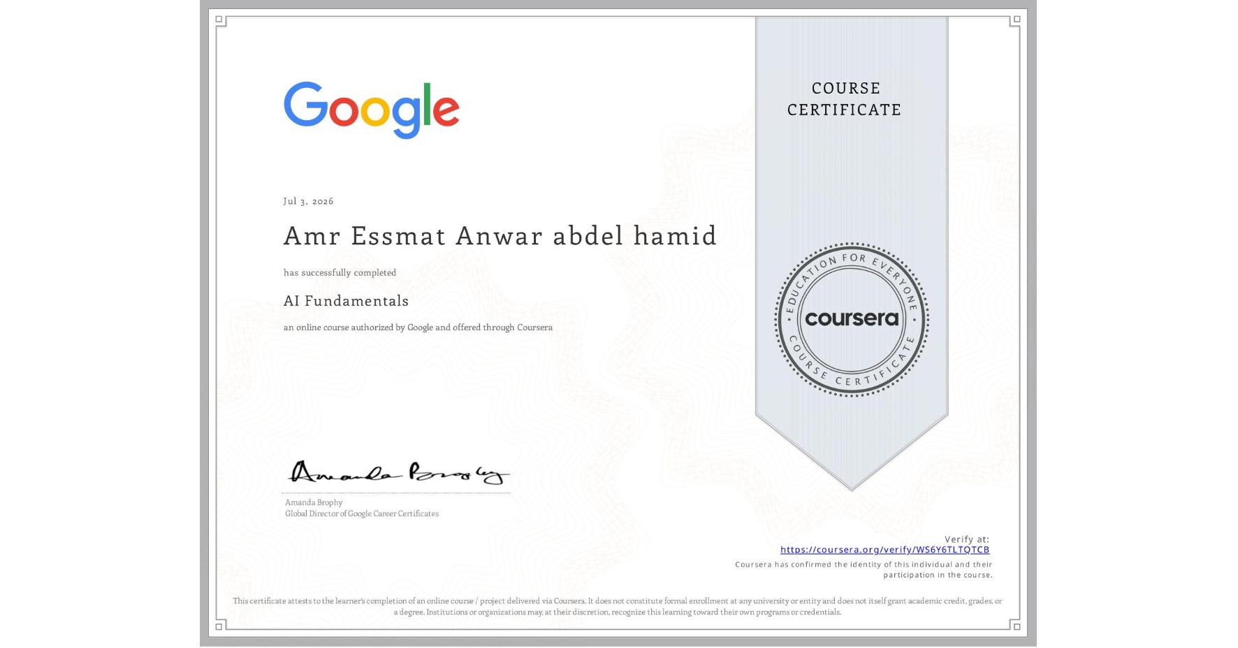 AI Fundamentals — Google · Coursera